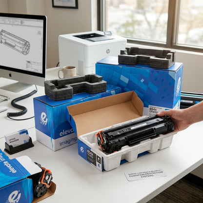 Unboxing an Elevate Imaging HP 654X (CF470X) toner cartridge with protective shipping foam.