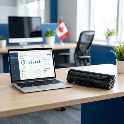 HP 656X (CF471X) cyan toner cartridge on an office desk next to a laptop for scale.