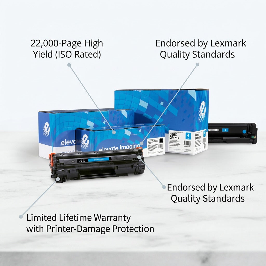 Elevate Imaging HP 656X Cyan Toner with 22,000-page yield, high quality standards, and warranty.