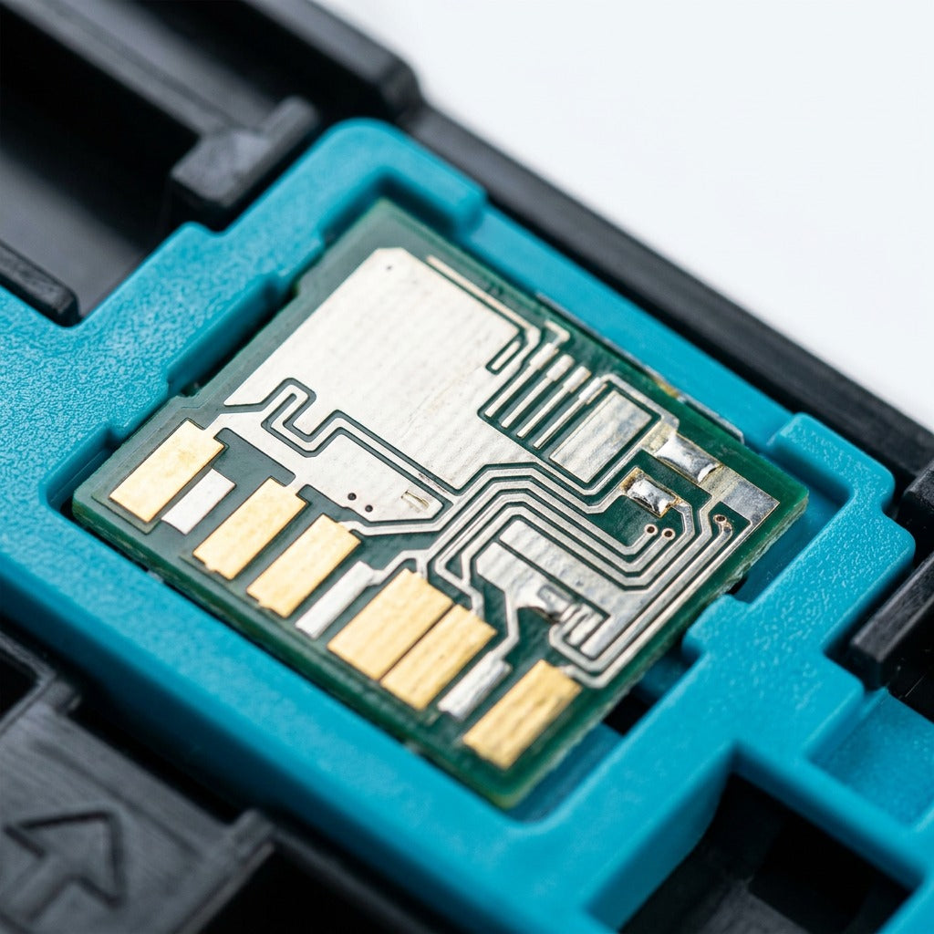 Macro detail of the gold-plated smart chip on an Elevate Imaging Reman HP CF471X cyan cartridge.