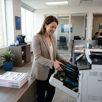 A professional woman inserts an HP 656X (CF471X) cyan toner cartridge into an office laser printer.