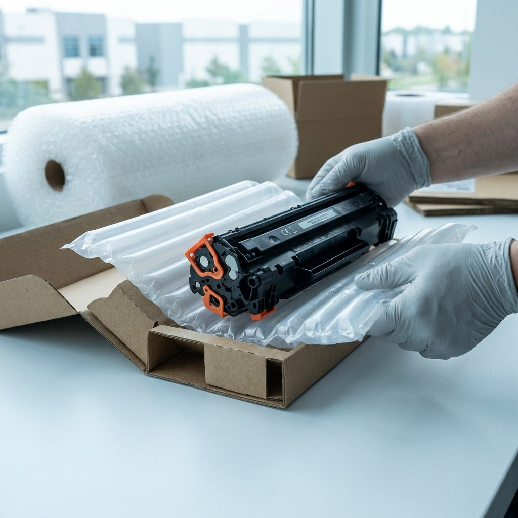 Person unpacking an HP 656X cyan toner cartridge from protective air-filled shipping packaging.