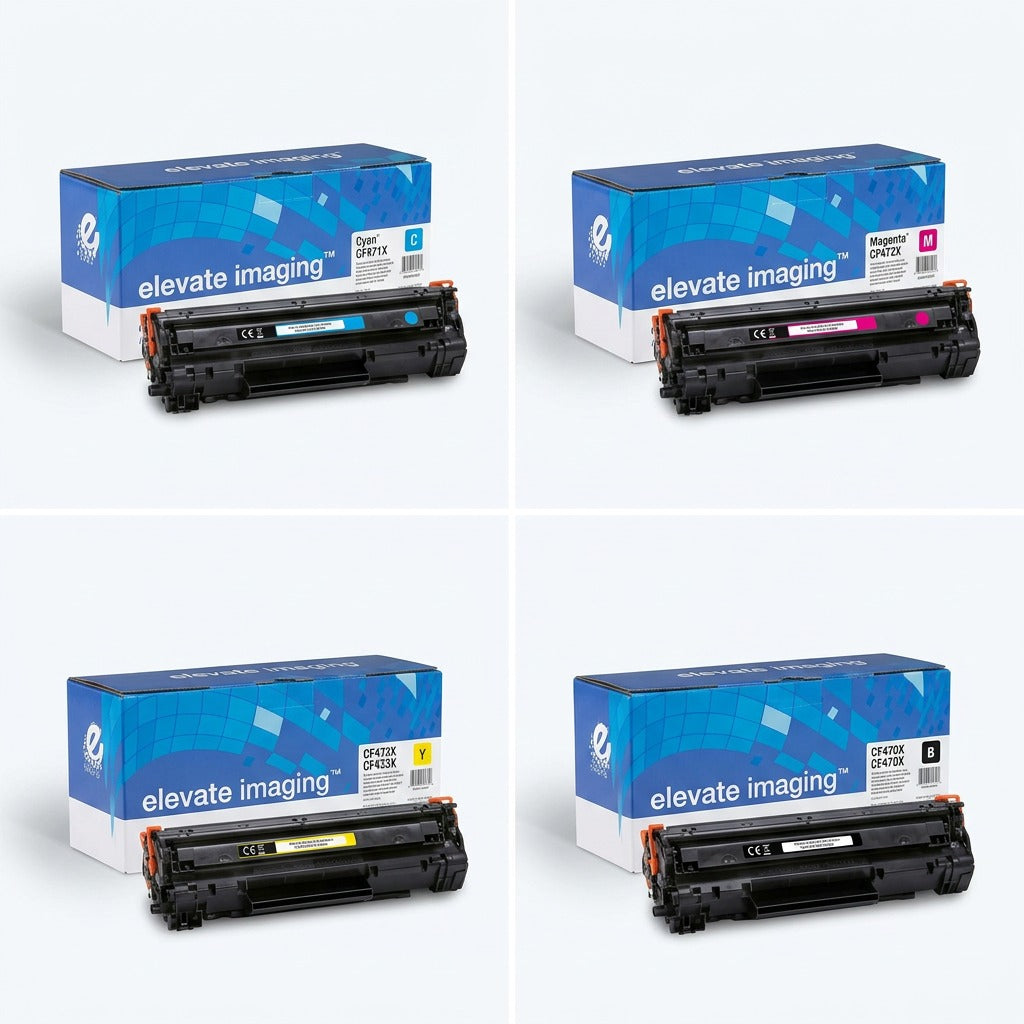 Elevate Imaging laser toner cartridges for HP 656X in cyan, magenta, yellow, and black sets.
