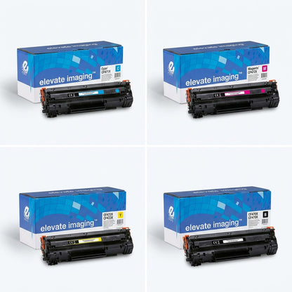 Elevate Imaging laser toner cartridges for HP 656X in cyan, magenta, yellow, and black sets.