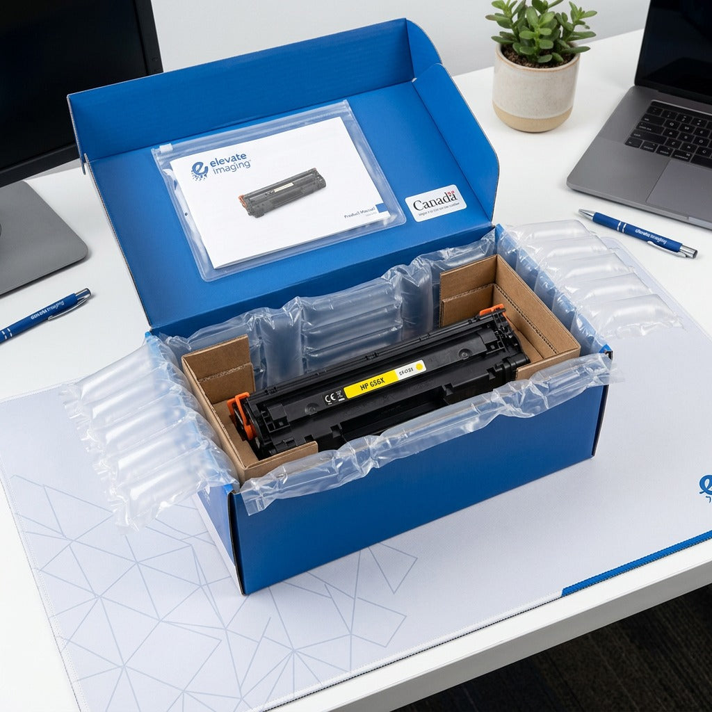 Elevate Imaging HP 656X Yellow Toner cartridge securely packed in protective air cushions and box