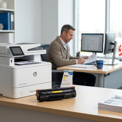 Elevate Imaging HP 656X Yellow Toner Cartridge on an office desk next to a printer and worker.