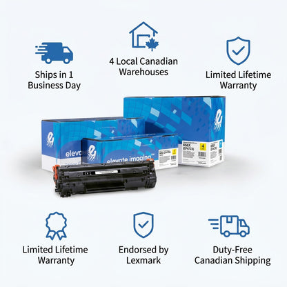 Elevate Imaging HP 656X Yellow Toner infographic highlighting fast duty-free Canadian shipping.