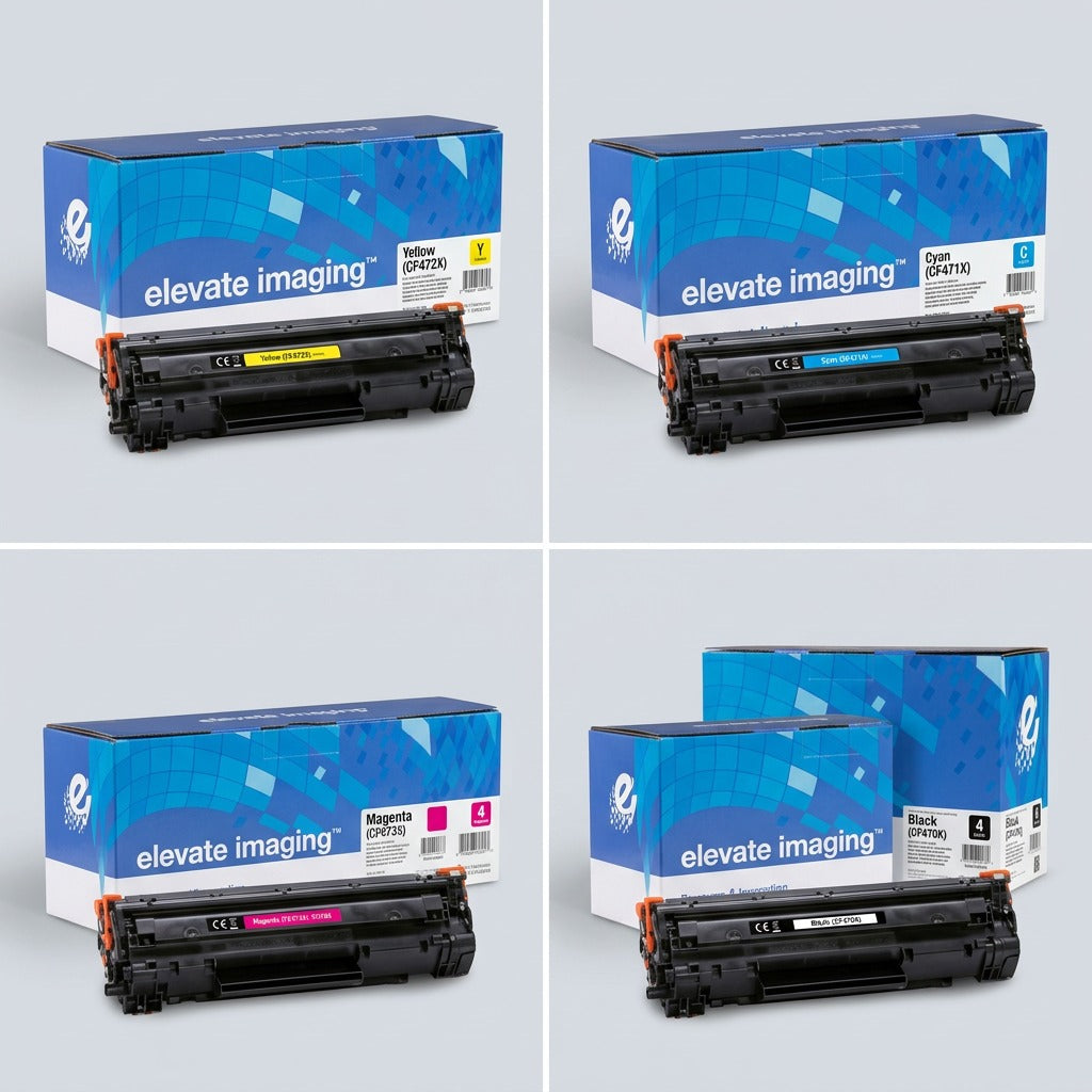 A 2x2 grid featuring yellow, cyan, magenta, and black Elevate Imaging HP 656X series toner cartridges.