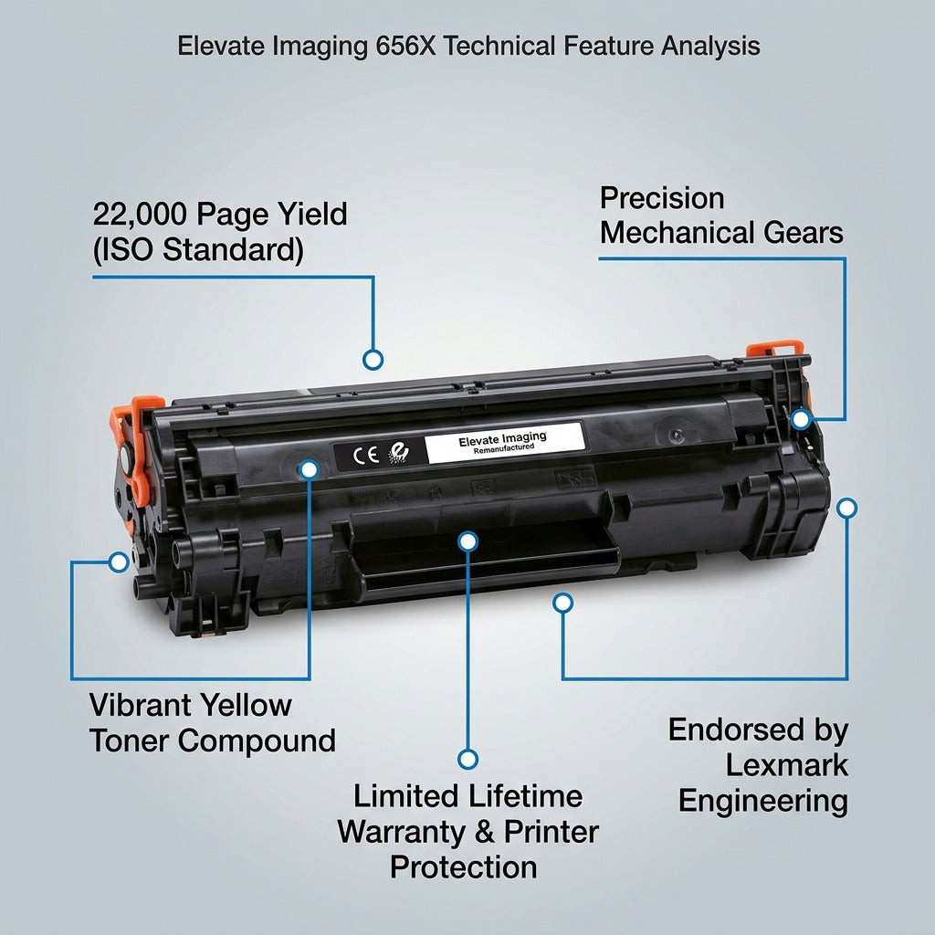 Elevate Imaging 656X yellow toner technical callouts: 22k page yield, precision gears, and warranty.