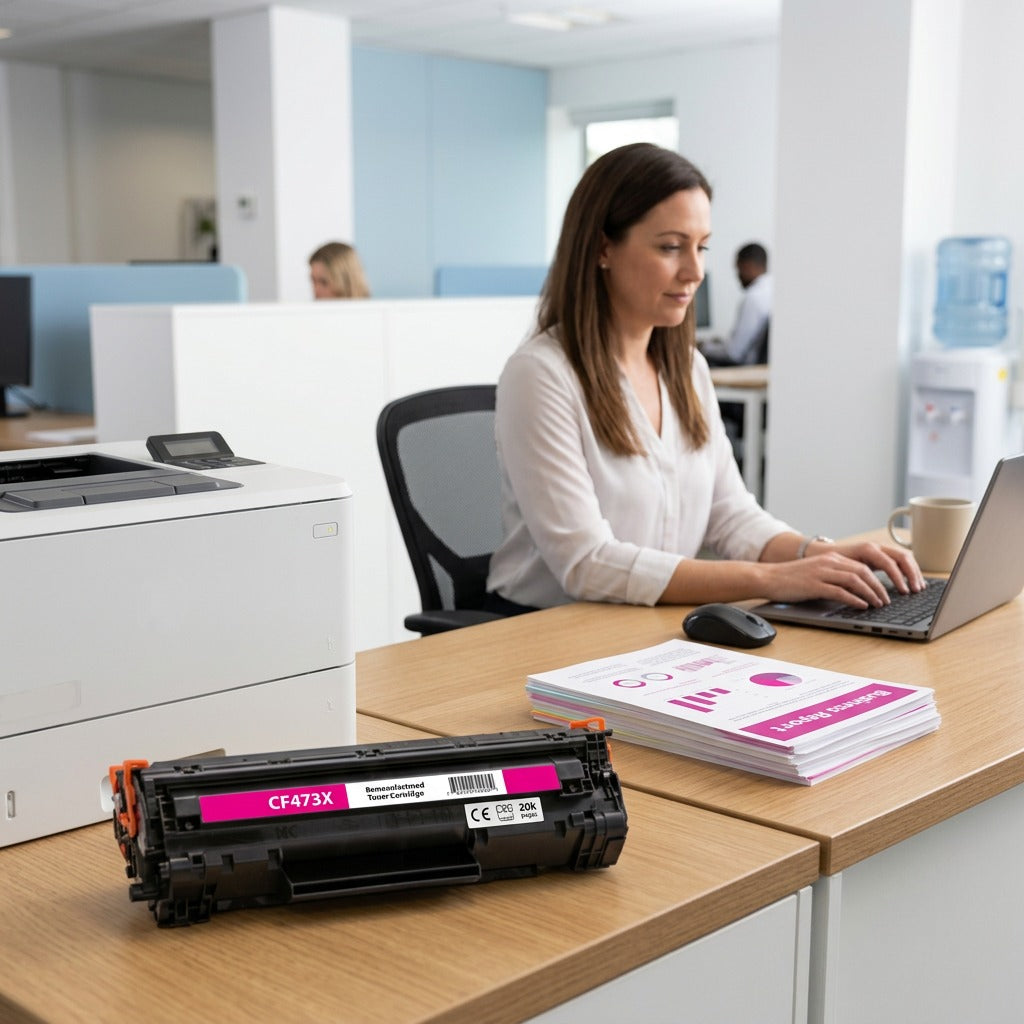 A magenta CF473X high yield toner cartridge on an office desk next to a printer and business reports.