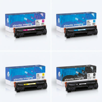 Elevate Imaging HP 73X CF473X high yield toner cartridges in magenta, cyan, yellow, and black.