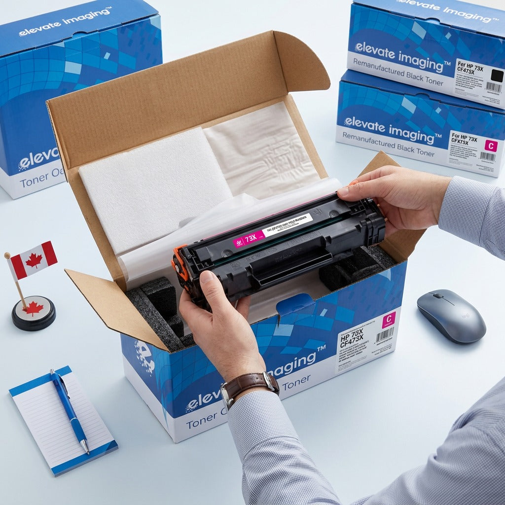 Person unboxing an Elevate Imaging HP 73X Magenta Toner Cartridge from a secure shipping box.