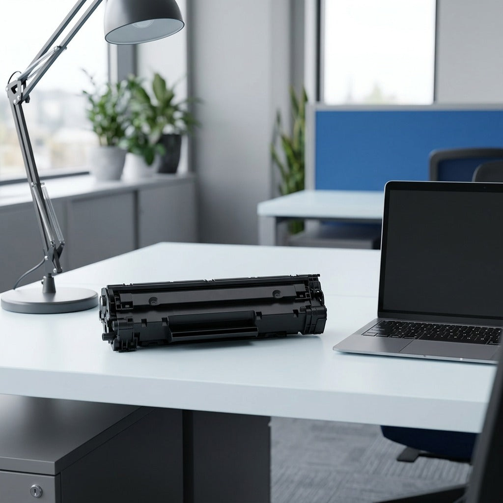 HP 202A (CF500A) black toner cartridge on an office desk next to a laptop for scale reference.