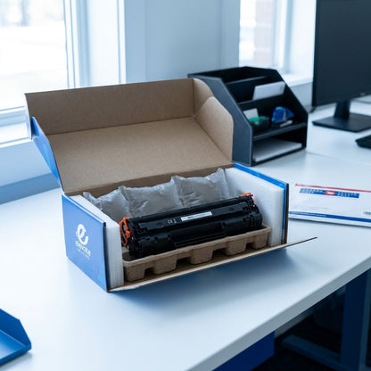 Unboxing an Elevate Imaging HP 202A CF500A toner cartridge in secure protective foam packaging.
