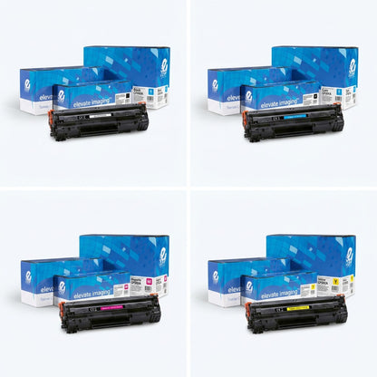 A grid of Elevate Imaging HP 202A remanufactured toner cartridges in black, cyan, magenta, and yellow.