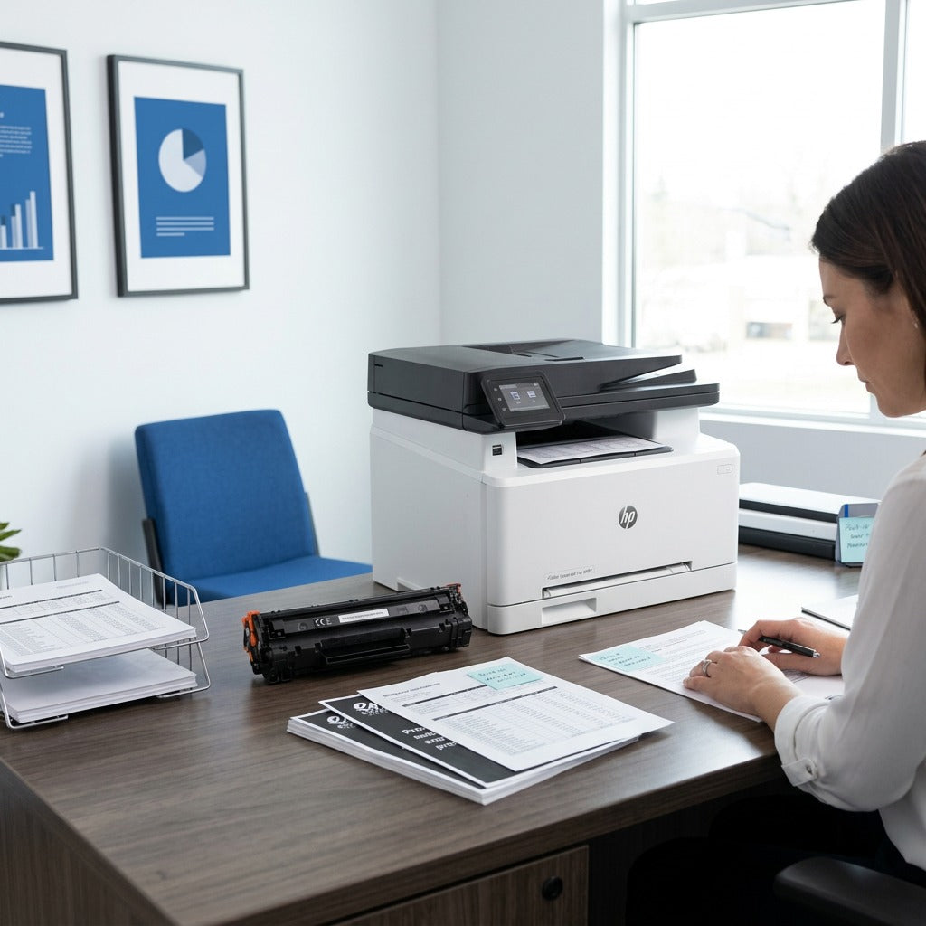 Person reviewing documents next to an HP printer and a 202A (CF500A) black toner cartridge.