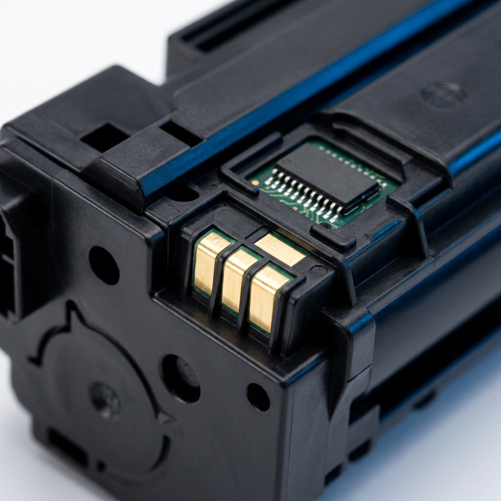 Macro view of gold-plated contacts and smart chip on a black HP 202A CF500A toner cartridge.