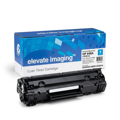 Elevate Imaging remanufactured HP 648A (CE261A) cyan toner cartridge and branded blue retail box.