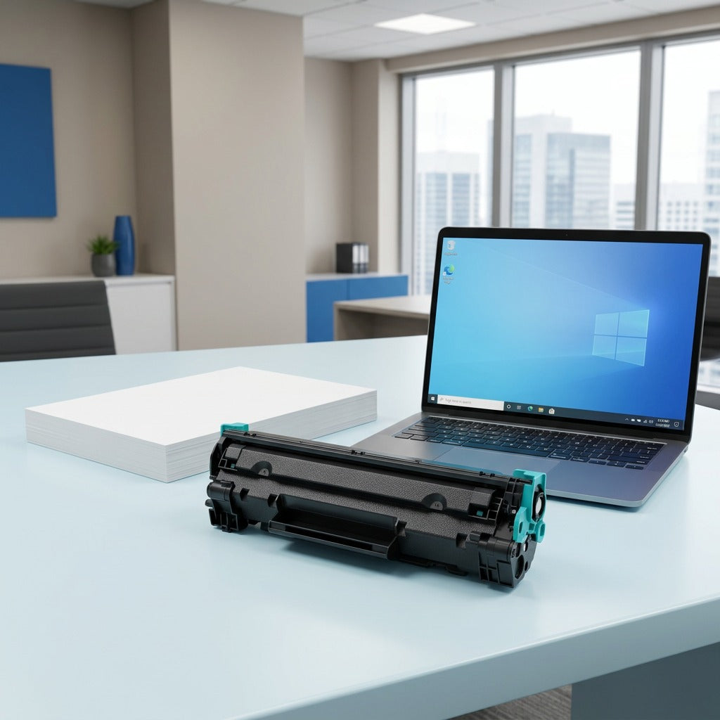 Elevate Imaging cyan toner cartridge CE261A on a desk next to a laptop and ream of paper for scale.