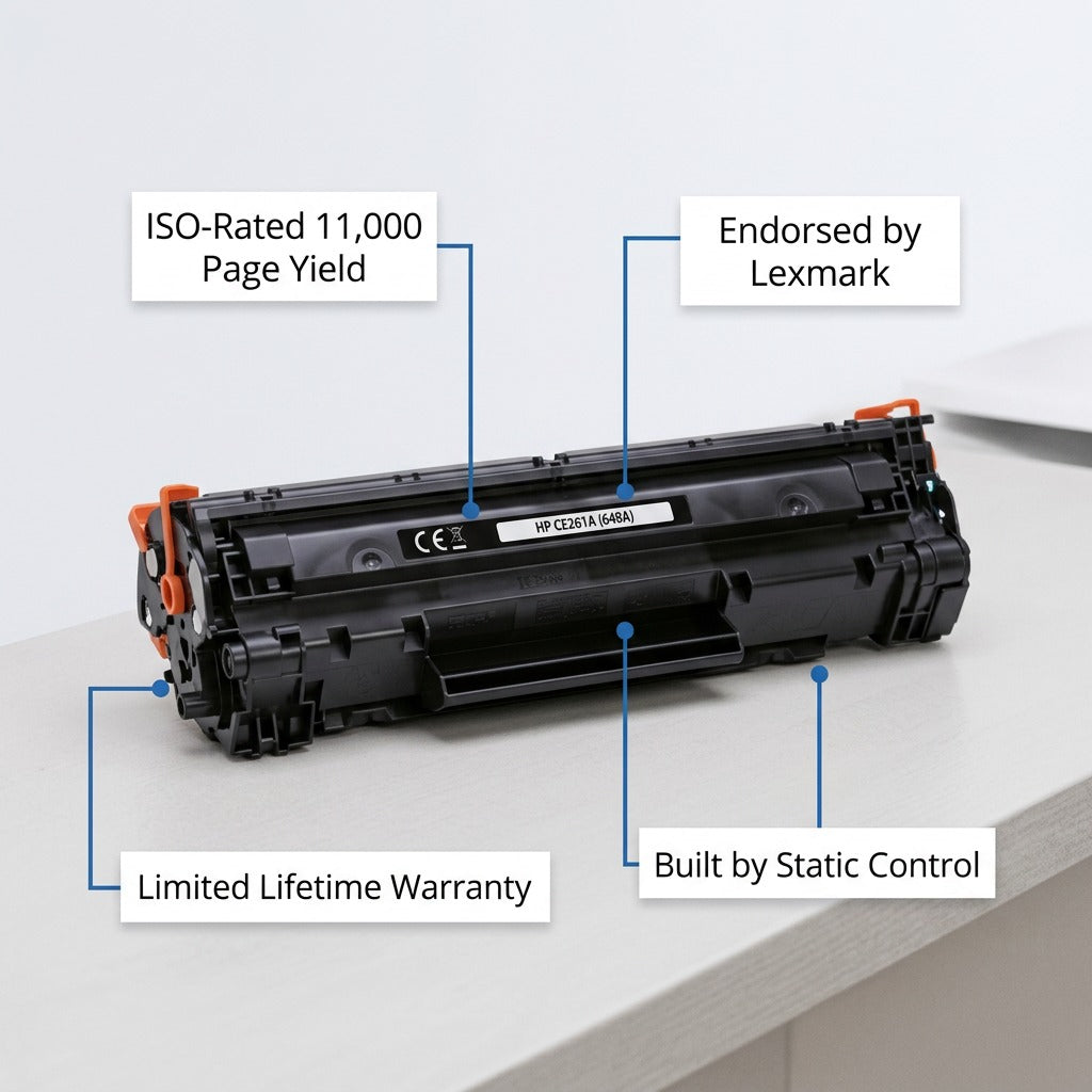 Elevate Imaging HP CE261A Cyan Toner showing 11,000 page yield, Lexmark endorsement and warranty.