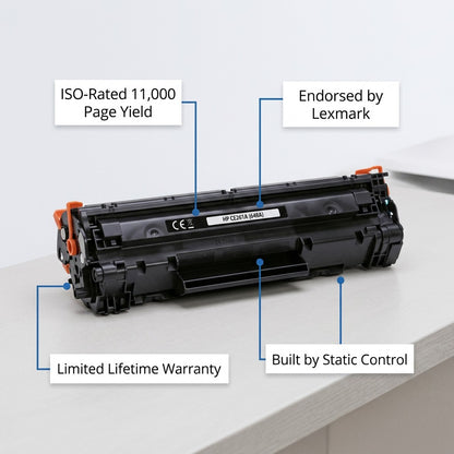 Elevate Imaging HP CE261A Cyan Toner showing 11,000 page yield, Lexmark endorsement and warranty.