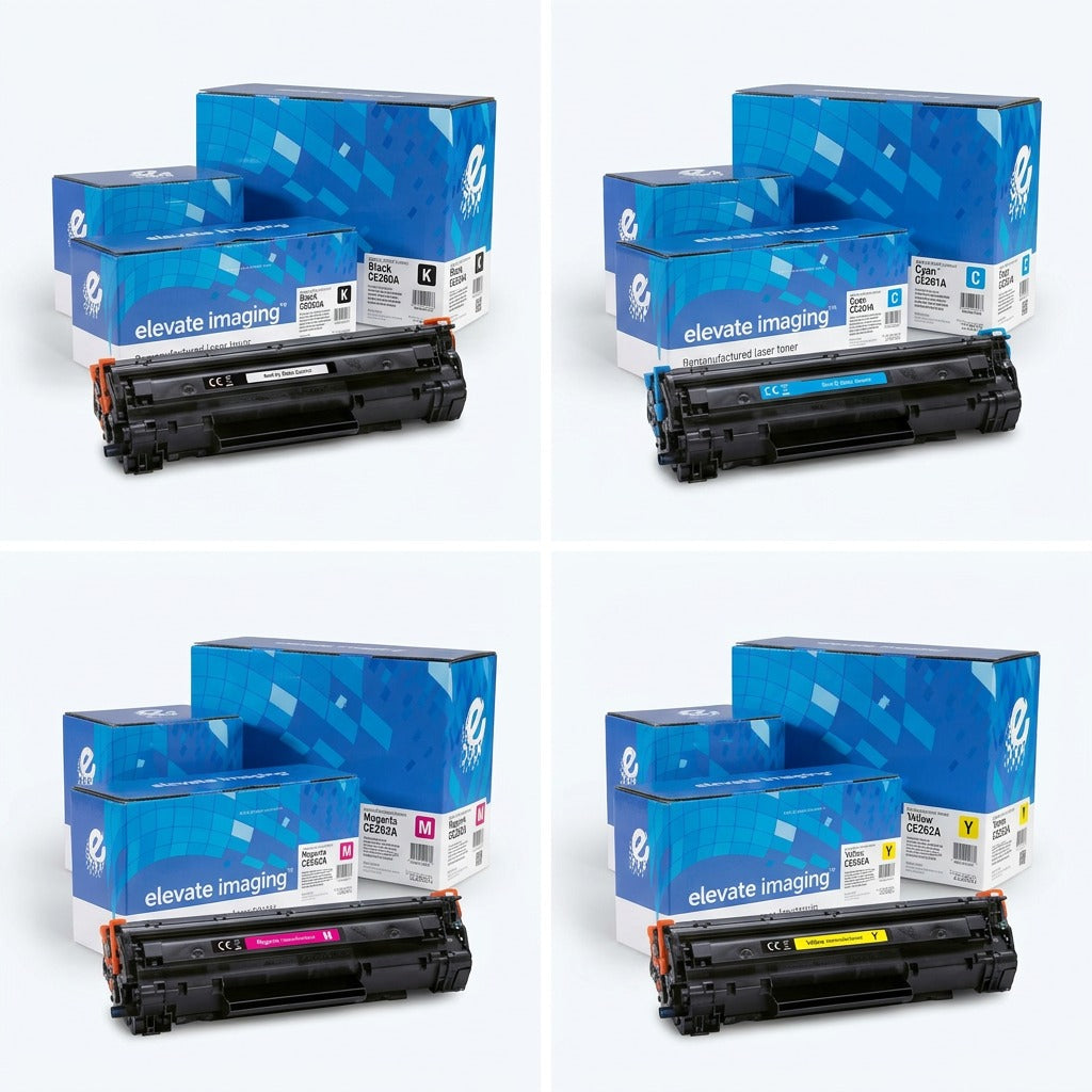 A 2x2 grid showing Elevate Imaging remanufactured HP 648A toner cartridges in CMYK color variants.