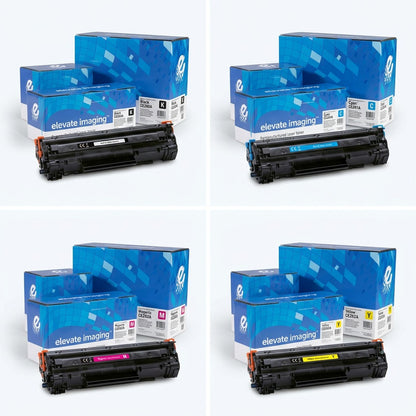 A 2x2 grid showing Elevate Imaging remanufactured HP 648A toner cartridges in CMYK color variants.