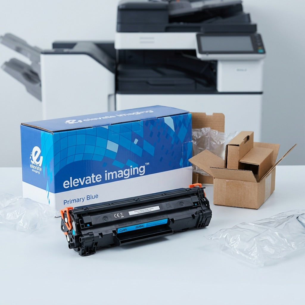 Elevate Imaging cyan toner cartridge unboxed with protective inserts and retail box near an office printer.