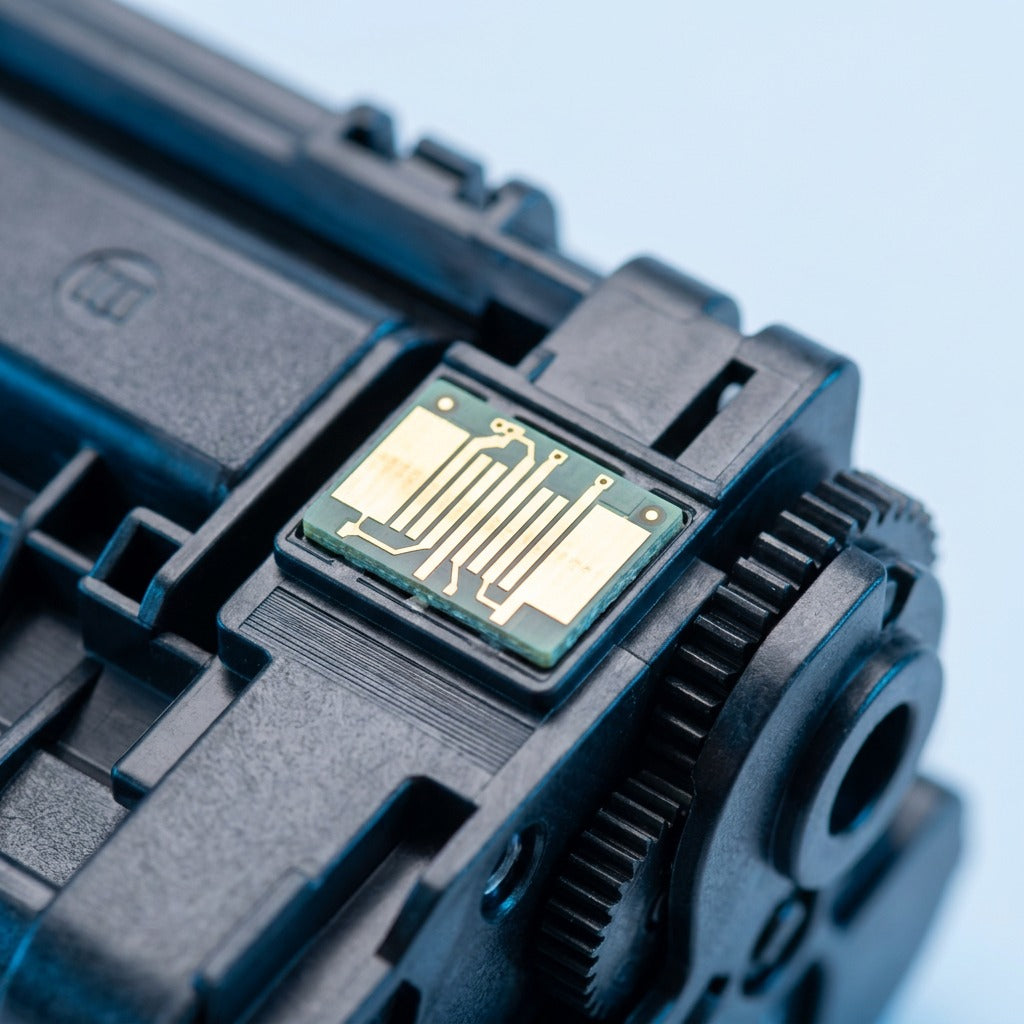 Macro detail of the electronic contact chip and gear on an Elevate Imaging HP CE261A cyan toner.