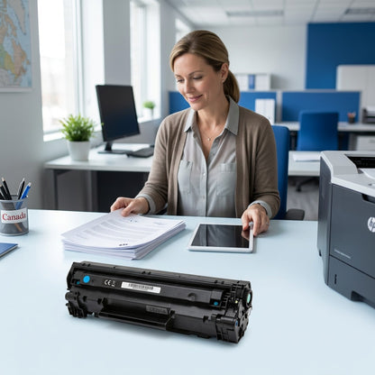 Elevate Imaging CE261A Cyan toner cartridge on a desk next to an office manager reading documents.