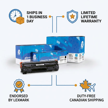 Elevate Imaging HP CE261A cyan toner with shipping, warranty, and Lexmark endorsement info.