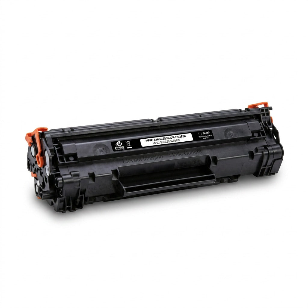 Elevate Imaging remanufactured HP 85A CE285A black laser toner cartridge on a white background.