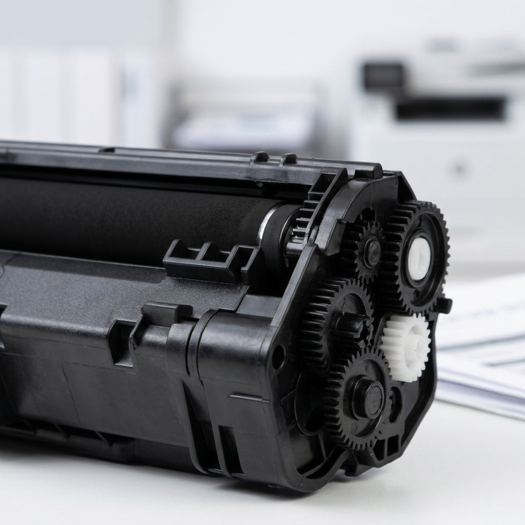 Macro close-up of gears and developer roller on an Elevate Imaging HP 85A CE285A toner cartridge.