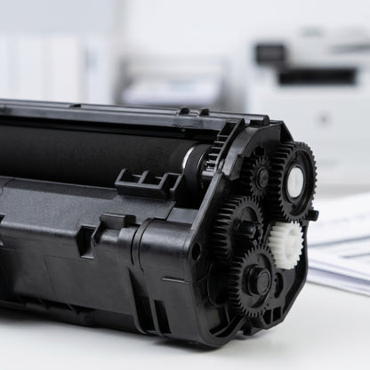 Macro close-up of gears and developer roller on an Elevate Imaging HP 85A CE285A toner cartridge.