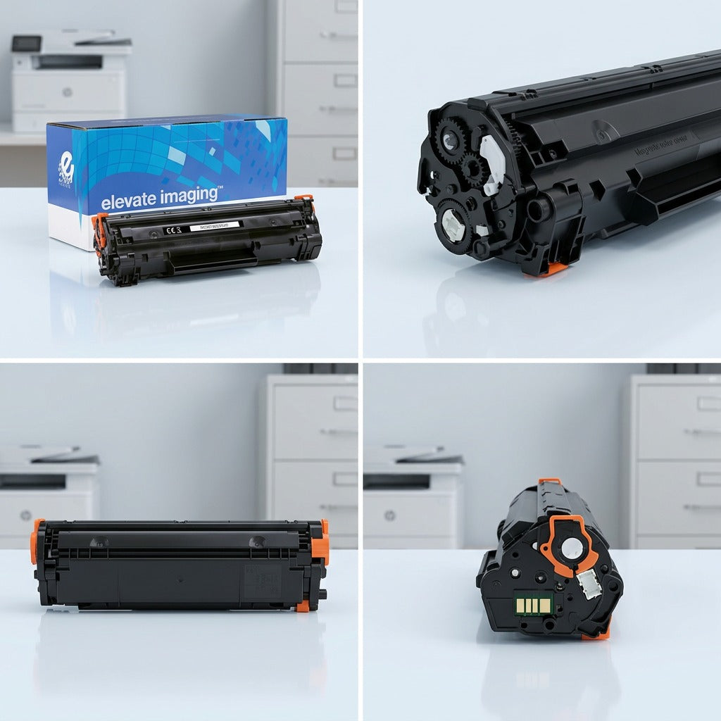 Four-view matrix of an Elevate Imaging HP 85A CE285A black remanufactured toner cartridge and box.