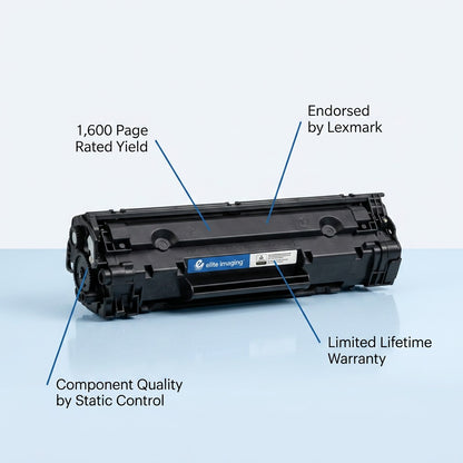 HP 85A CE285A Remanufactured Toner Cartridge with feature callouts for yield, quality, and warranty.