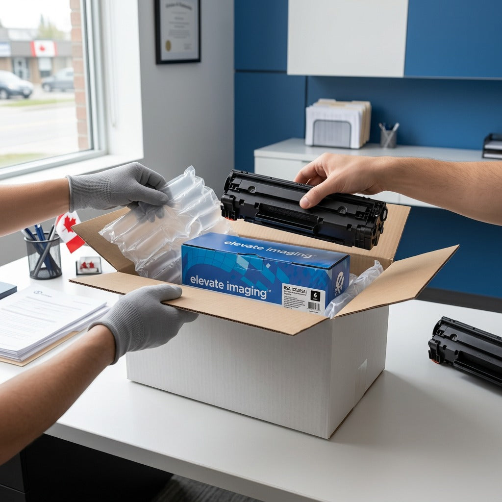 Unboxing an Elevate Imaging HP 85A CE285A toner cartridge from secure air-cushion shipping packaging.