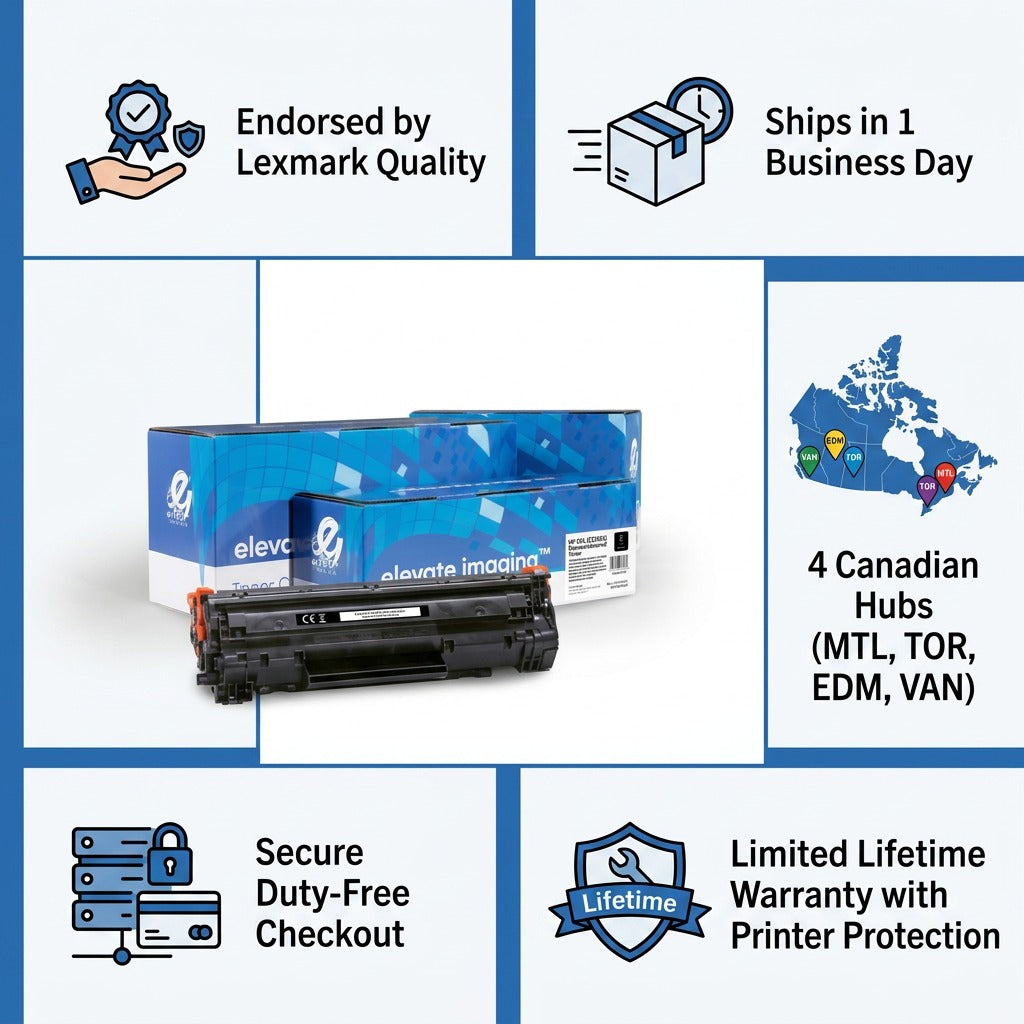 Elevate Imaging HP 85A toner cartridge infographic highlighting Lexmark quality and fast shipping.