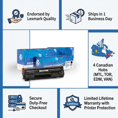 Elevate Imaging HP 85A toner cartridge infographic highlighting Lexmark quality and fast shipping.