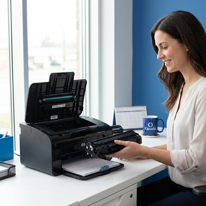 Smiling professional installing an Elevate Imaging HP 85A CE285A toner cartridge in a laser printer.