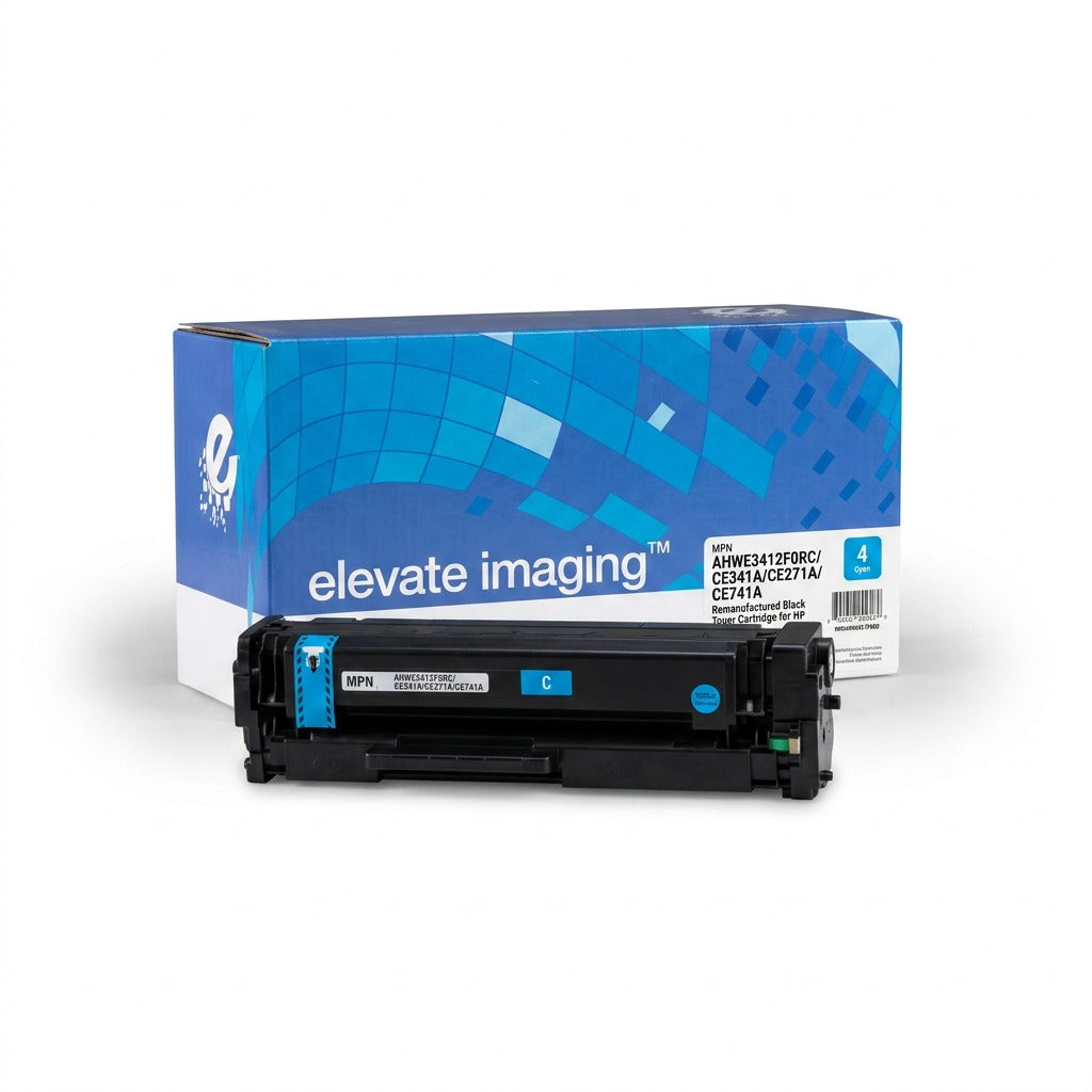 Elevate Imaging remanufactured HP 651A cyan toner cartridge and retail box on a white background.