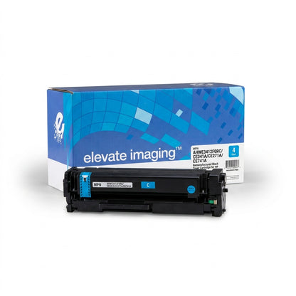 Elevate Imaging remanufactured HP 651A cyan toner cartridge and retail box on a white background.