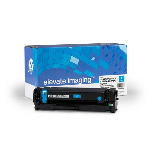 Elevate Imaging remanufactured HP 651A cyan toner cartridge and retail box on a white background.