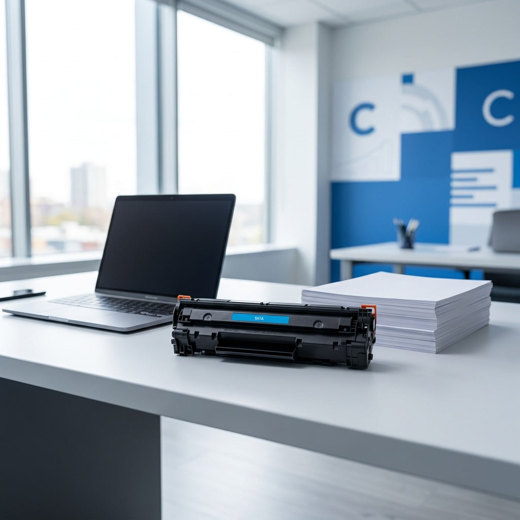 Scale reference: Elevate Imaging HP 651A cyan toner cartridge on a desk next to a laptop and paper.