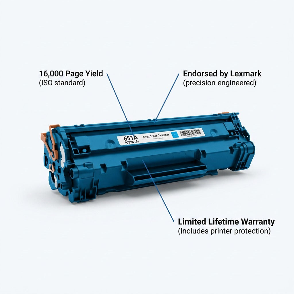 Elevate HP 651A Cyan Toner showing 16,000 page yield, Lexmark endorsement, and lifetime warranty.
