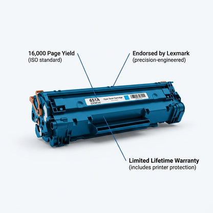 Elevate HP 651A Cyan Toner showing 16,000 page yield, Lexmark endorsement, and lifetime warranty.