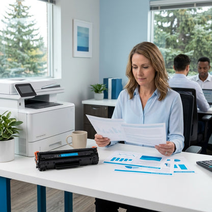 A professional reviewing cyan printed charts with an Elevate Imaging HP 651A cyan toner on the desk.