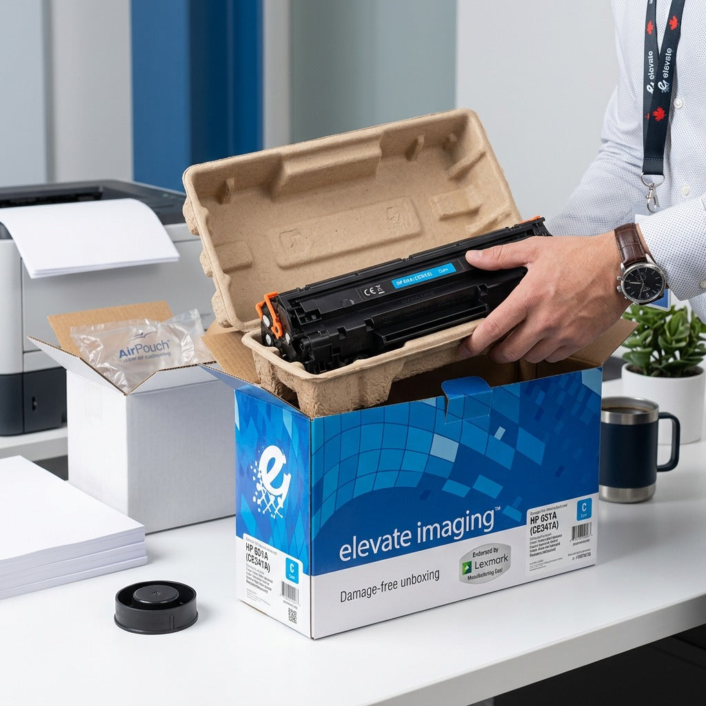 Unboxing a cyan HP 651A toner cartridge from Elevate Imaging retail box with protective packaging.