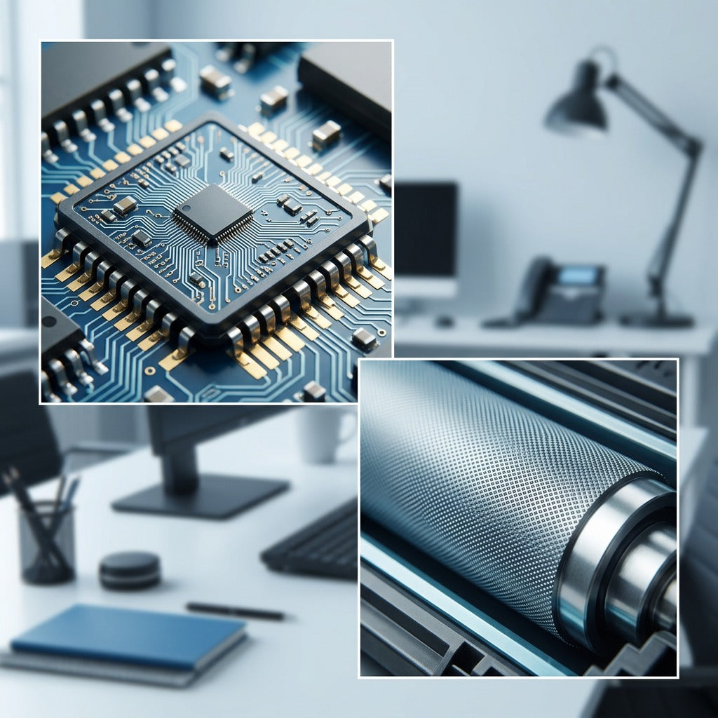 Macro details of HP 651A toner cartridge showing electronic contact chip and textured developer roller.
