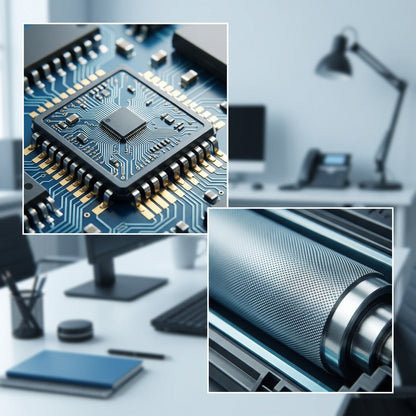 Macro details of HP 651A toner cartridge showing electronic contact chip and textured developer roller.